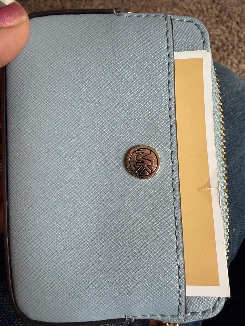 Michael Kors Pale Blue Saffiano Leather Card Case with Gold Logo